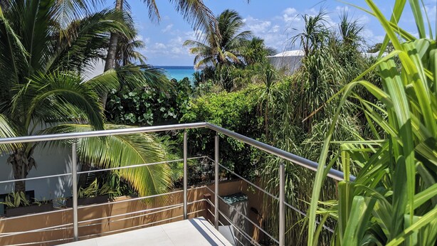 Un balcone con ringhiera in metallo che si affaccia su un giardino tropicale e vista sull'oceano.