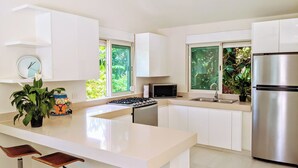 Una cucina moderna con mobili bianchi, un frigorifero in acciaio inossidabile, un forno a microonde e un piano cottura a gas. Sul bancone ci sono due sgabelli da bar in legno e una pianta in vaso.