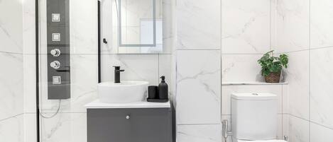A modern bathroom with a glass-enclosed shower, a white sink, a toilet, and a small plant on a shelf.