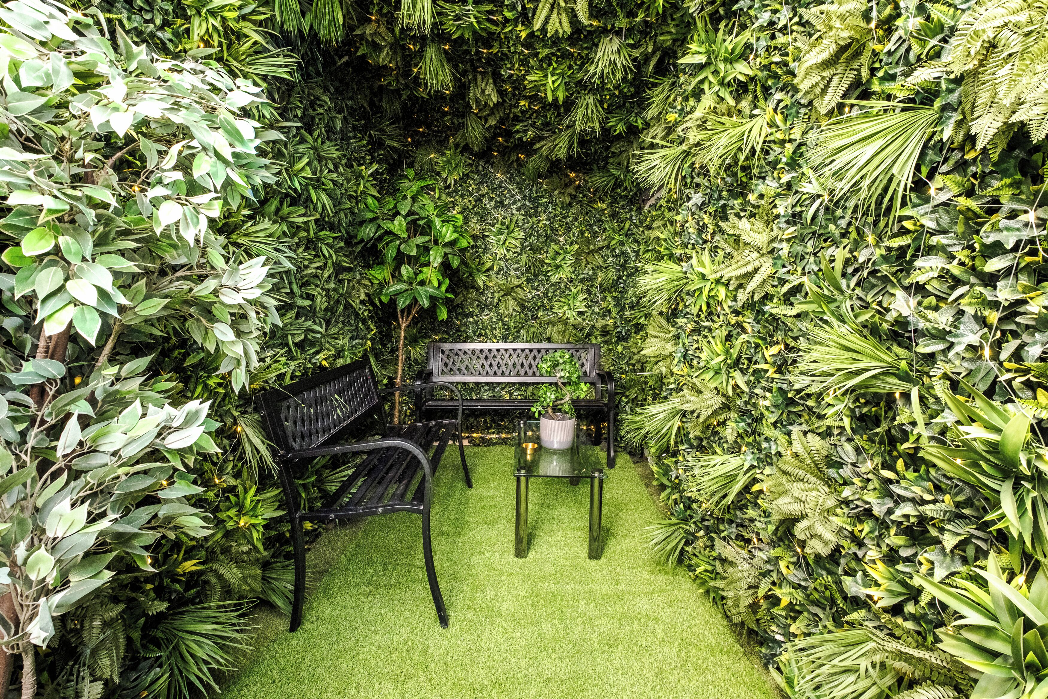 A garden with a bench and table, surrounded by dense foliage.