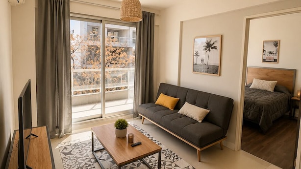 A modern living room with a sofa, coffee table, and TV, a balcony with a view, and a bedroom with a bed. - GURRUCHAGA PALERMO (Buenos Aires)