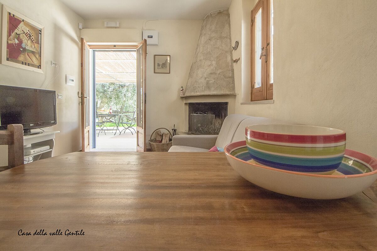 Un soggiorno con un tavolo in legno, televisione, camino e vista sull'esterno.