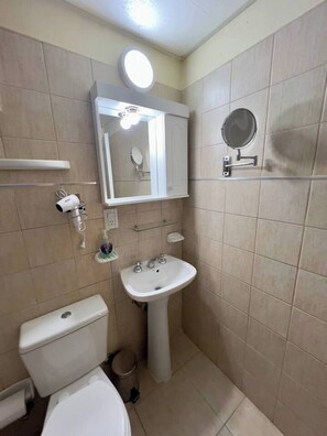 Bathroom features a pedestal sink, toilet, and ample storage.