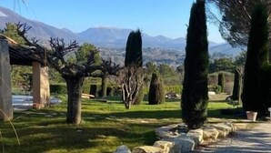 Un jardin aménagé avec un sentier en pierre, des arbres et une chaîne de montagnes en arrière-plan.