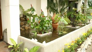 Un jardin intérieur paisible, agrémenté de diverses plantes en pot et d’un petit élément décoratif aquatique.