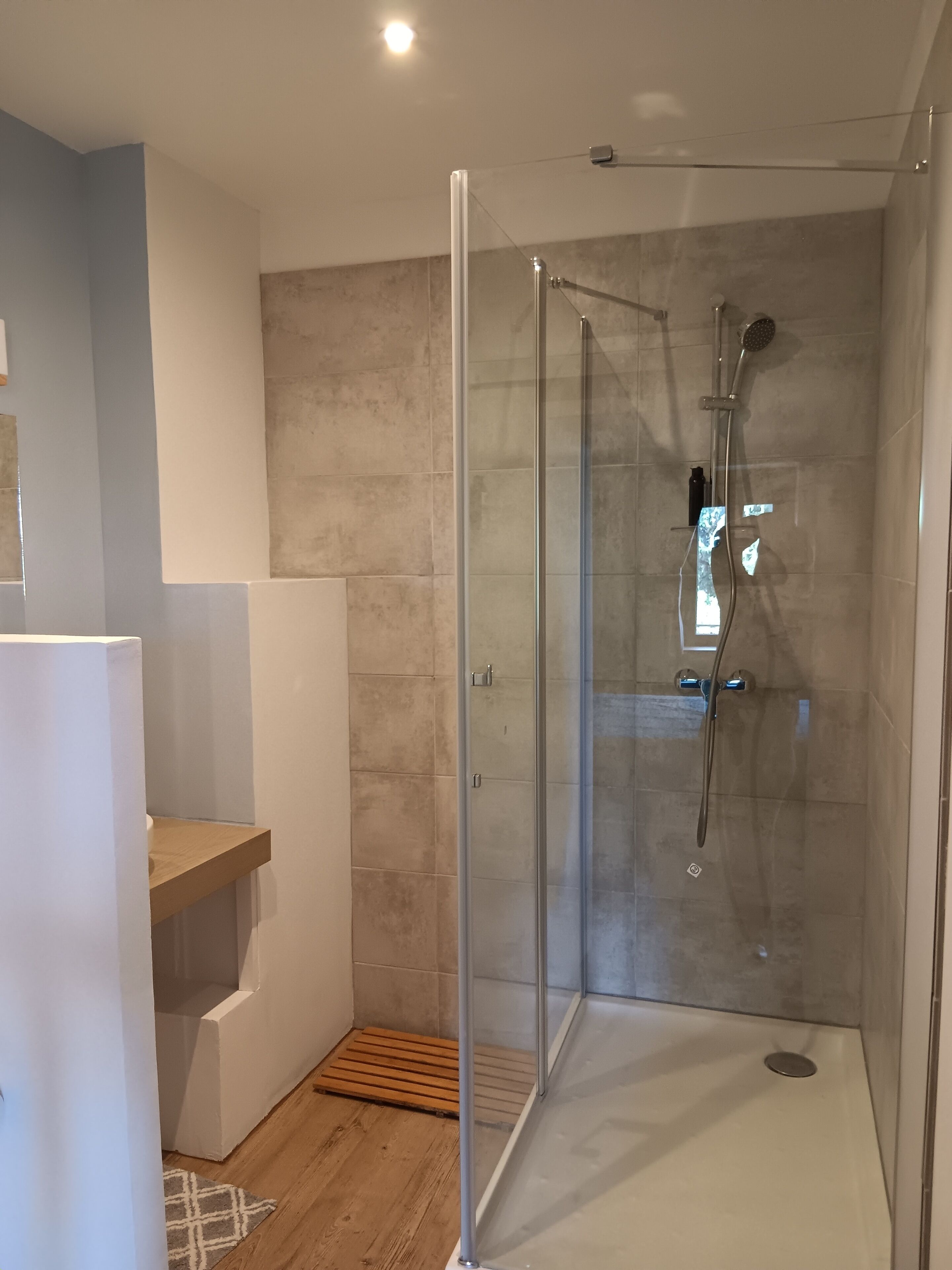 Shower, towels, soap, toilet paper