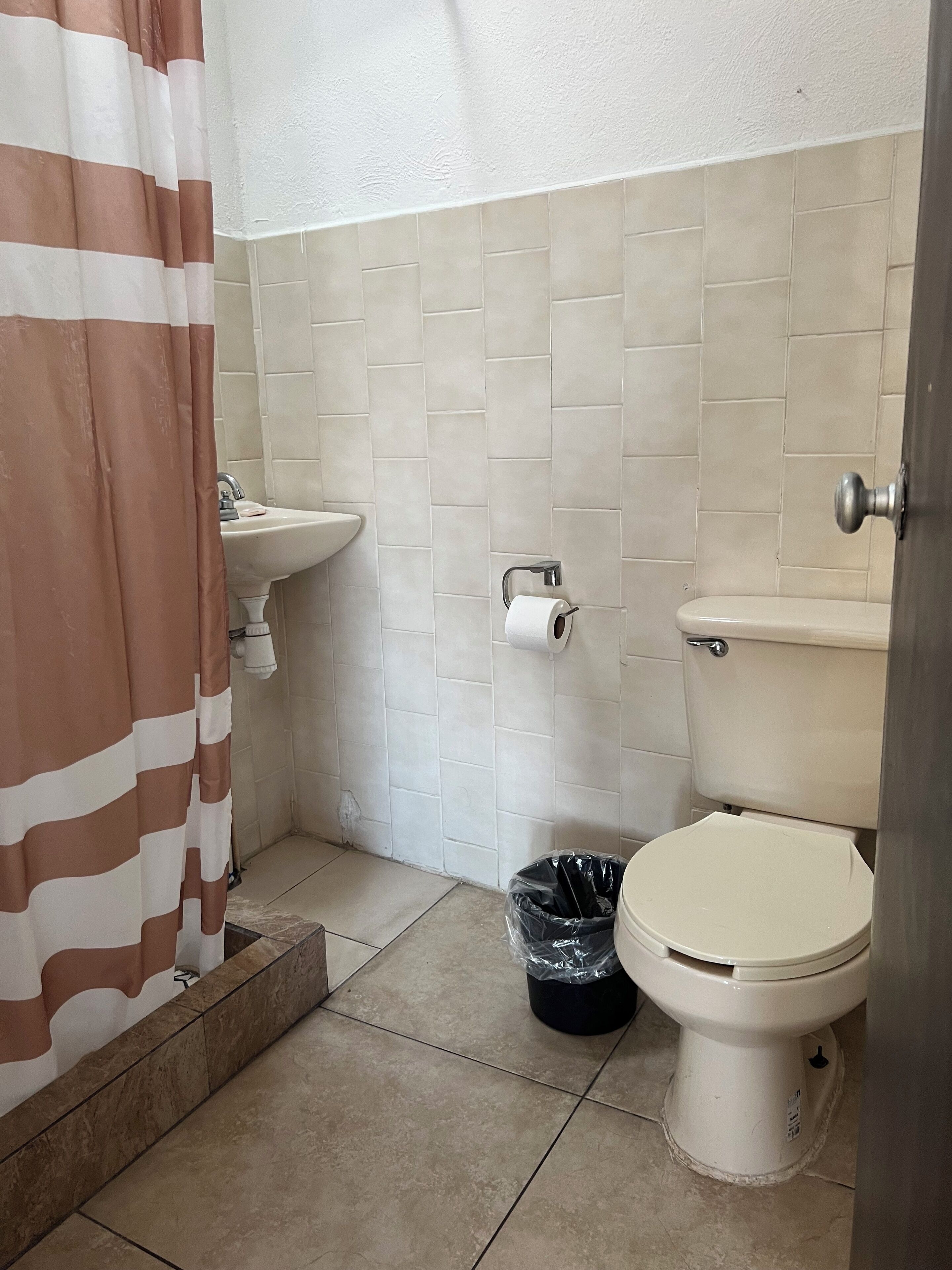A bathroom with a toilet, sink, and shower curtain.