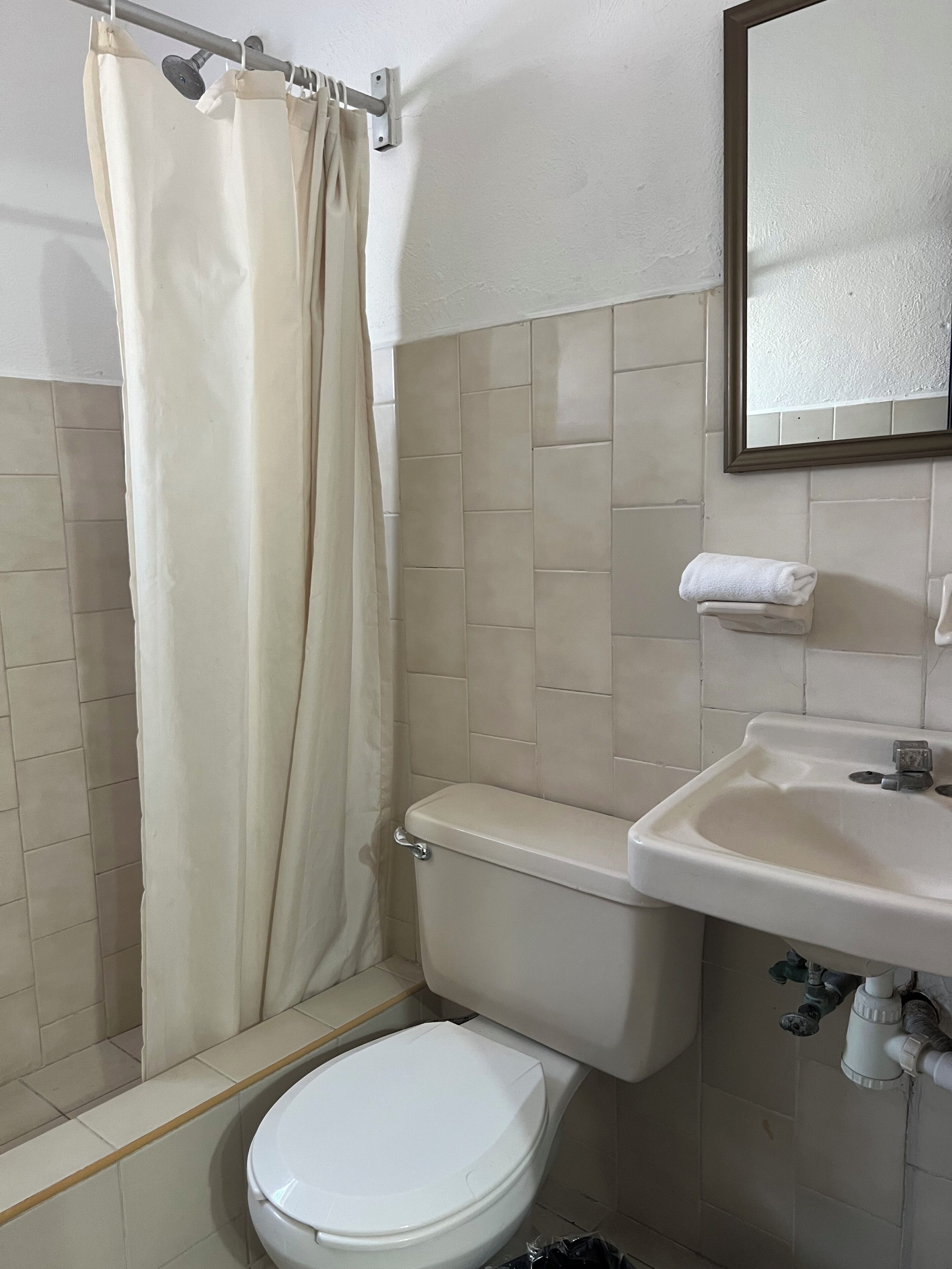 A bathroom with a toilet, sink, and shower curtain.