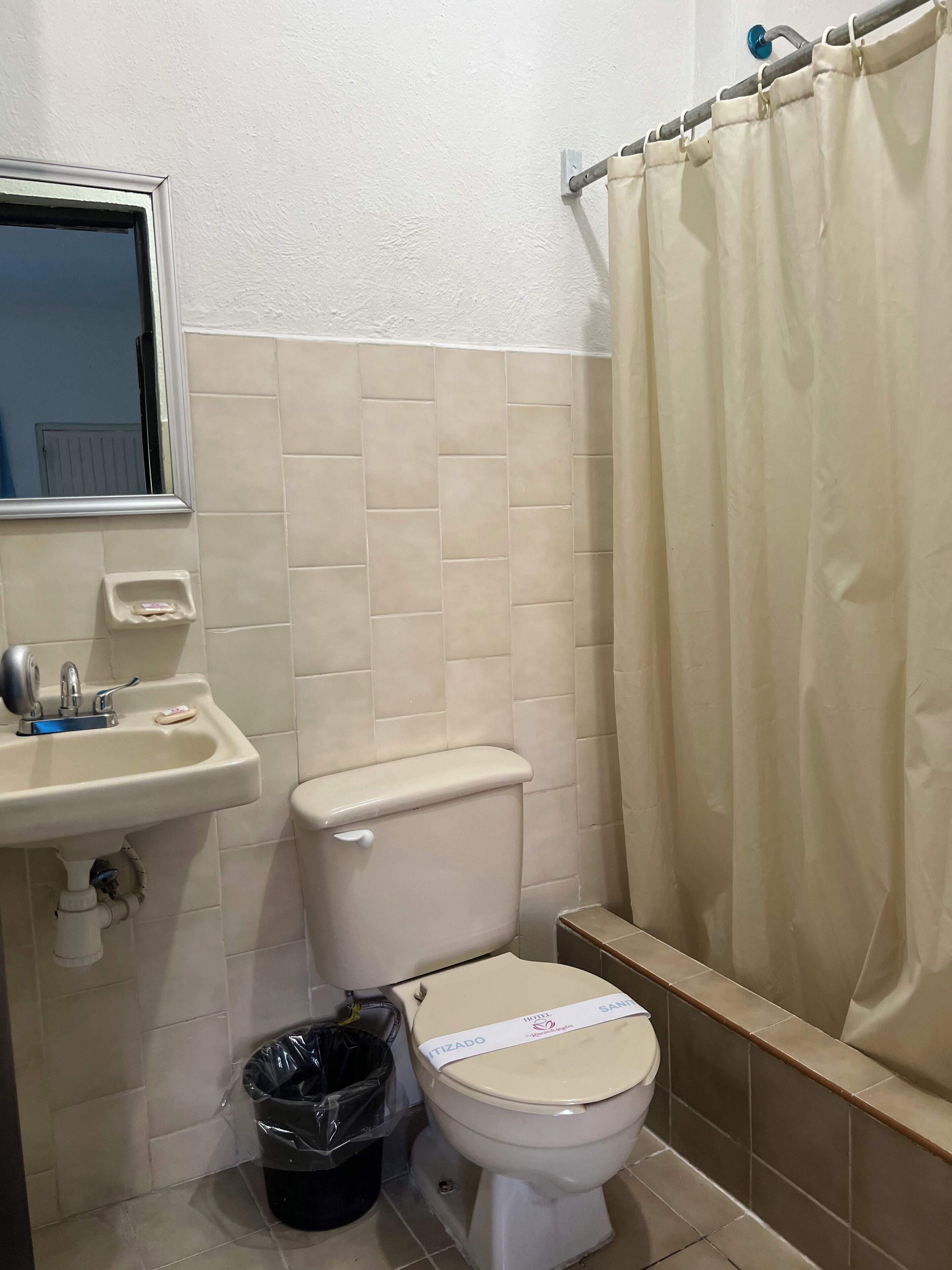 A bathroom with a toilet, sink, and a shower curtain.