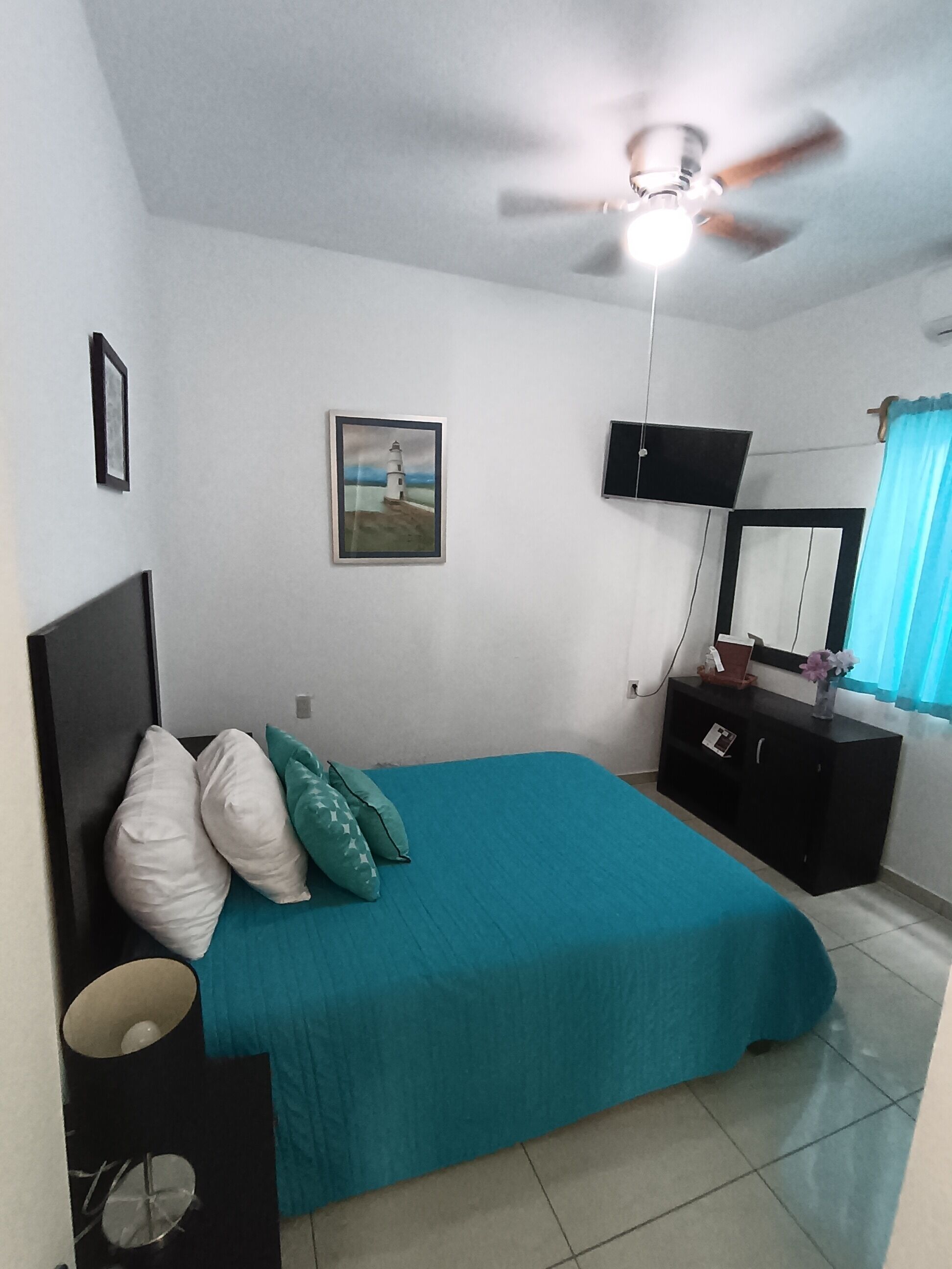Un dormitorio con una cama, ventilador de techo, televisor y un cuadro en la pared.