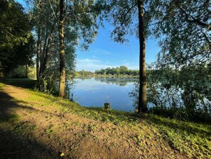 Un sentier paisible qui longe le lac, bordé d’arbres, et d’où l’on a une vue dégagée sur l’eau.