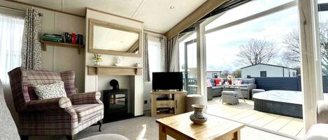 Una televisión, una chimenea, un reproductor de DVD