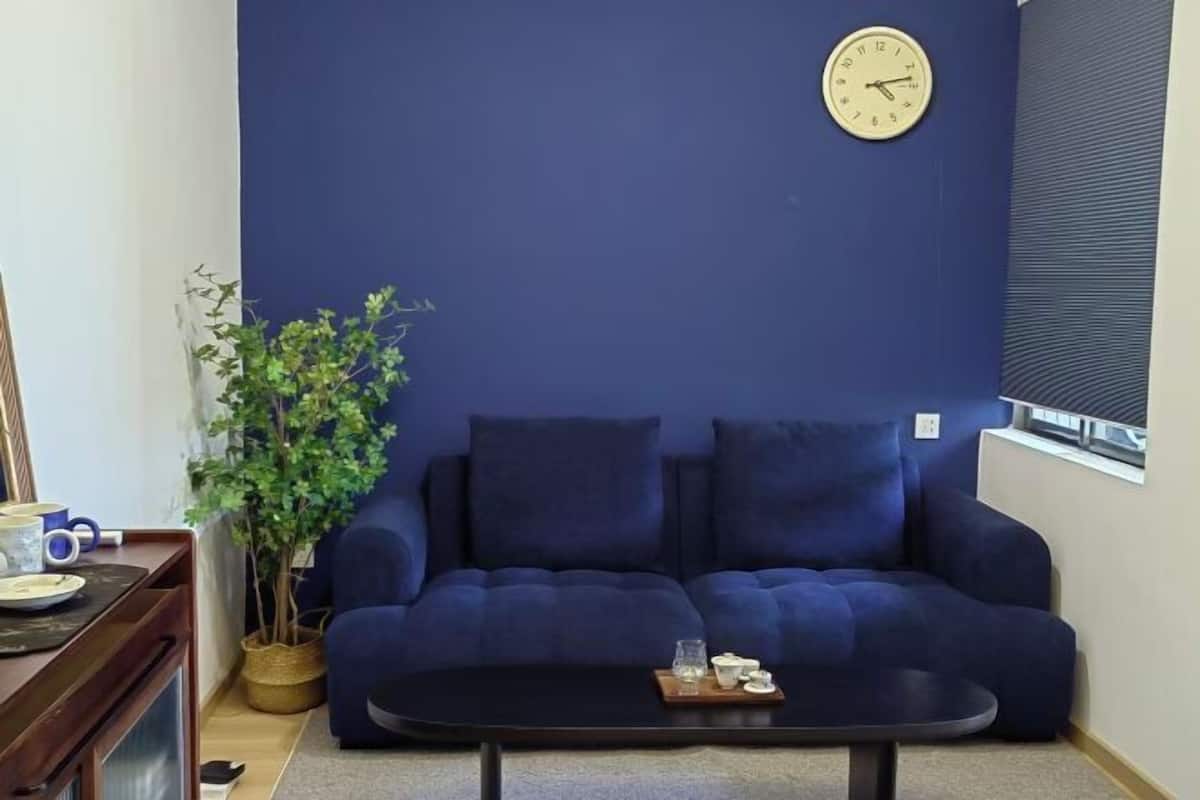 A living room with a dark blue sofa, a small table with a tray, a clock on the wall, and a potted plant.