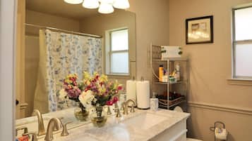 Hair dryer, towels, soap, shampoo