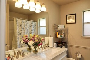 Hair dryer, towels, soap, shampoo