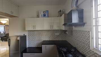 Elite Apartment | Private kitchen | Fridge, oven, rice cooker, cookware/dishes/utensils