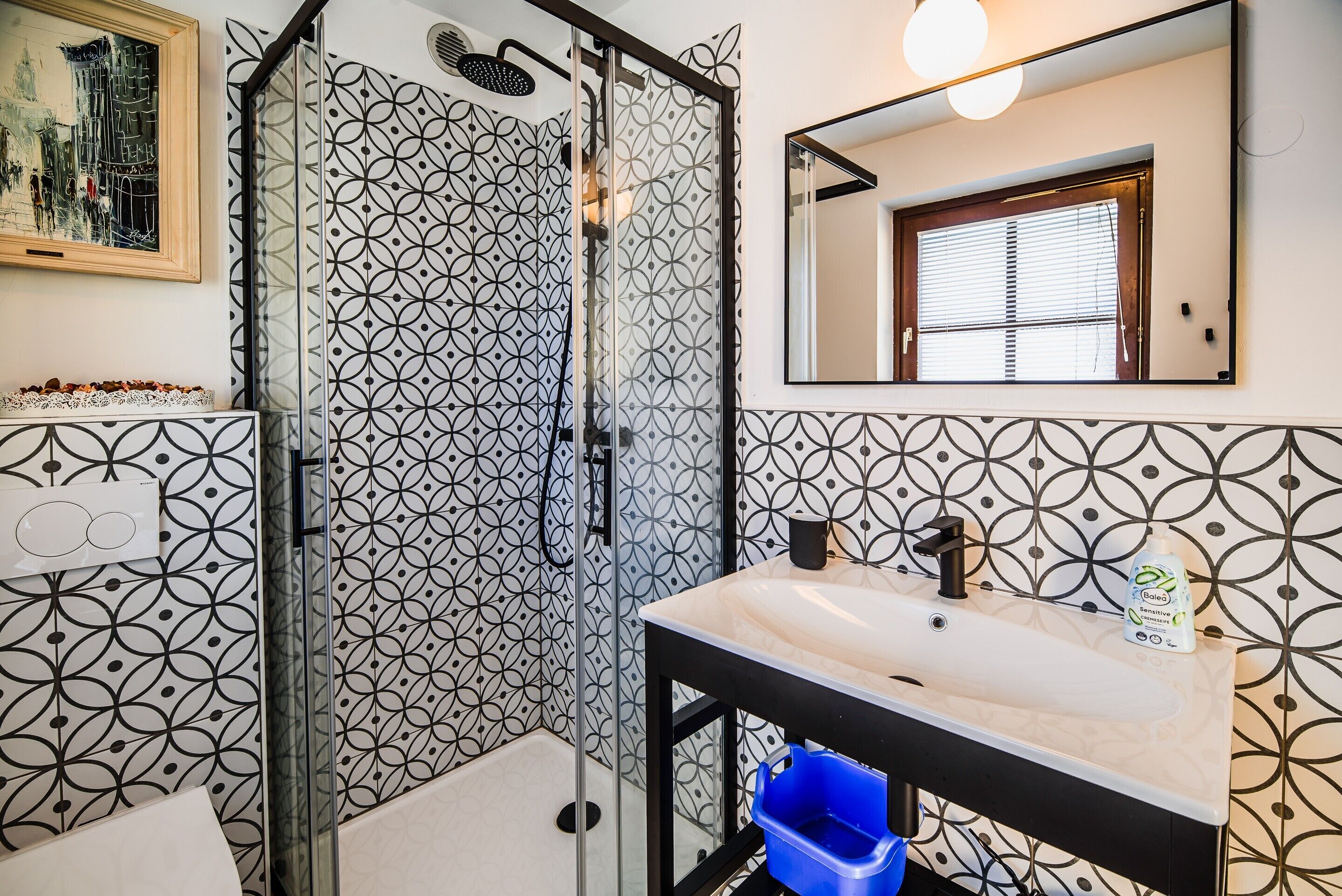Shower, hair dryer, towels