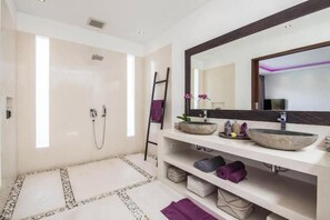 Shower, hair dryer, towels, soap
