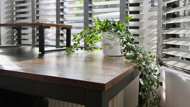 Eine moderne Küche mit einem Holztisch und einem Blumentopf.