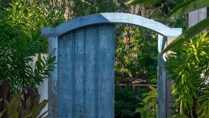 A pathway leading to a wooden gate surrounded by lush greenery.