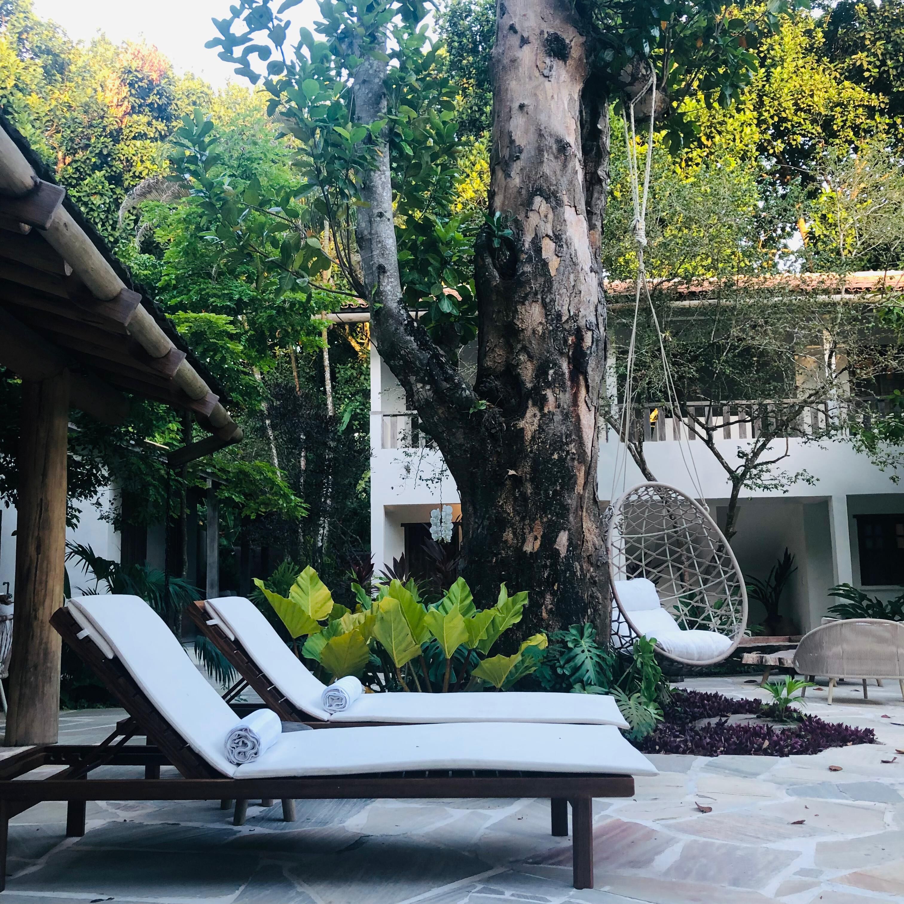 Une cour avec des fauteuils de jardin, un fauteuil suspendu et un grand arbre.