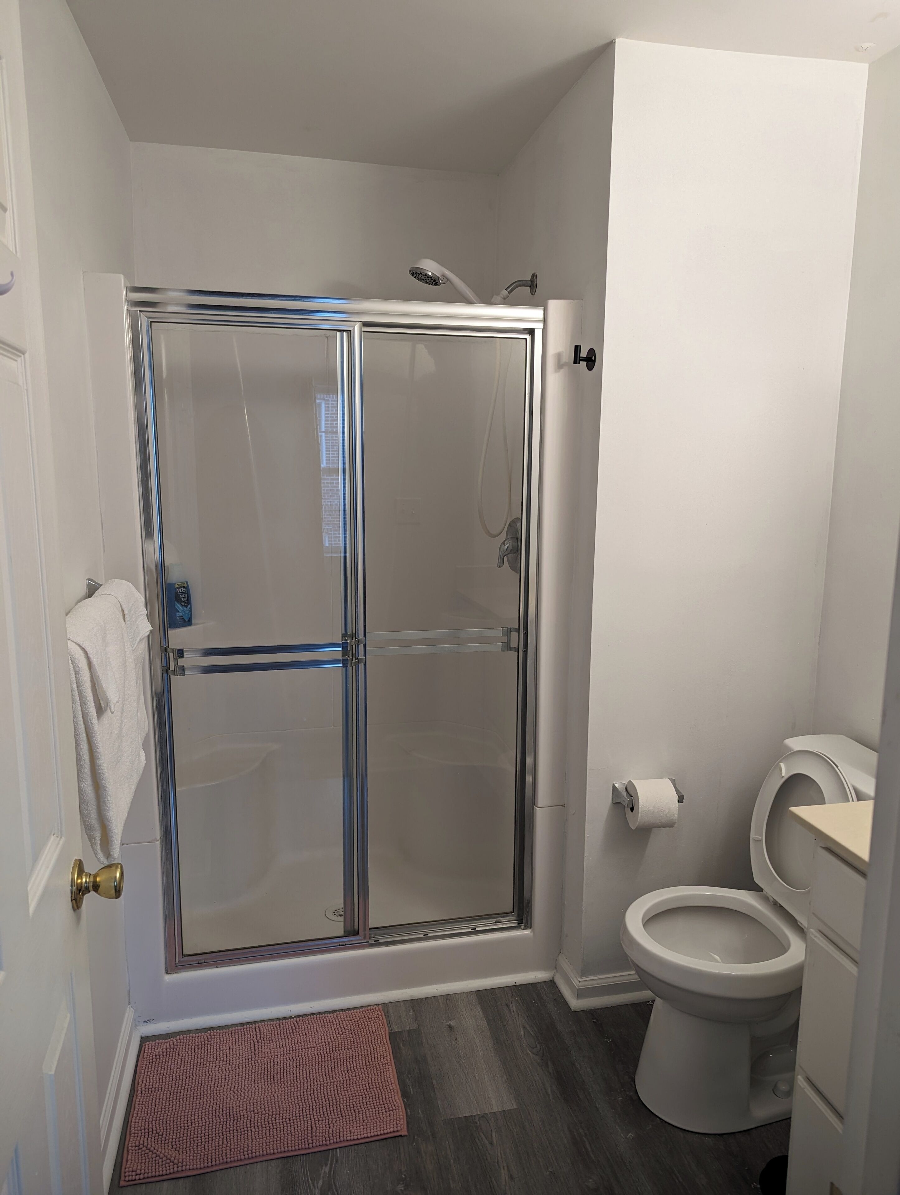 A bathroom with a glass-enclosed shower, a toilet, and a white sink.
