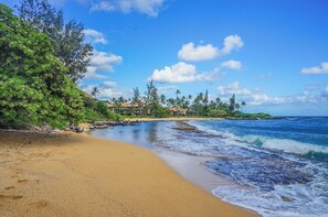 On the beach, sun-loungers, beach towels