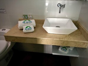 Habitación empresarial doble | Baño | Regadera tipo lluvia, secadora de cabello, toallas, jabón