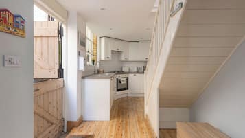 Fridge, oven, electric kettle, toaster