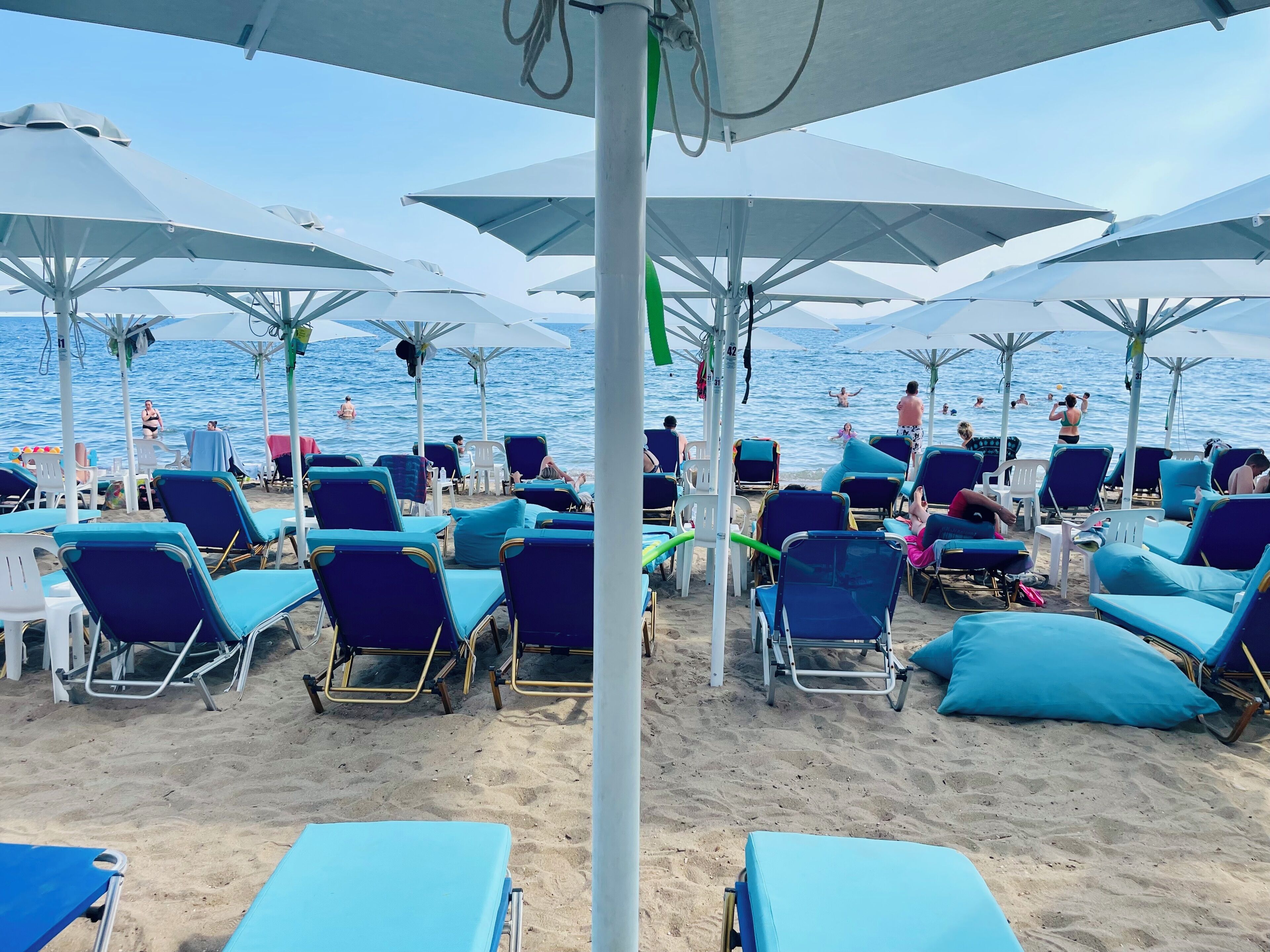 Een strand met rijen blauwe ligbedden en witte parasols, die schaduw bieden aan de strandgasten.