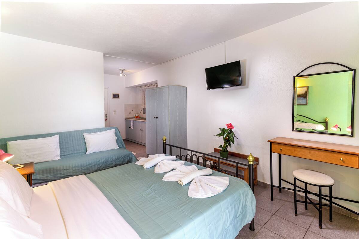 A hotel room with a bed, a desk, a chair, a television, and a mirror.