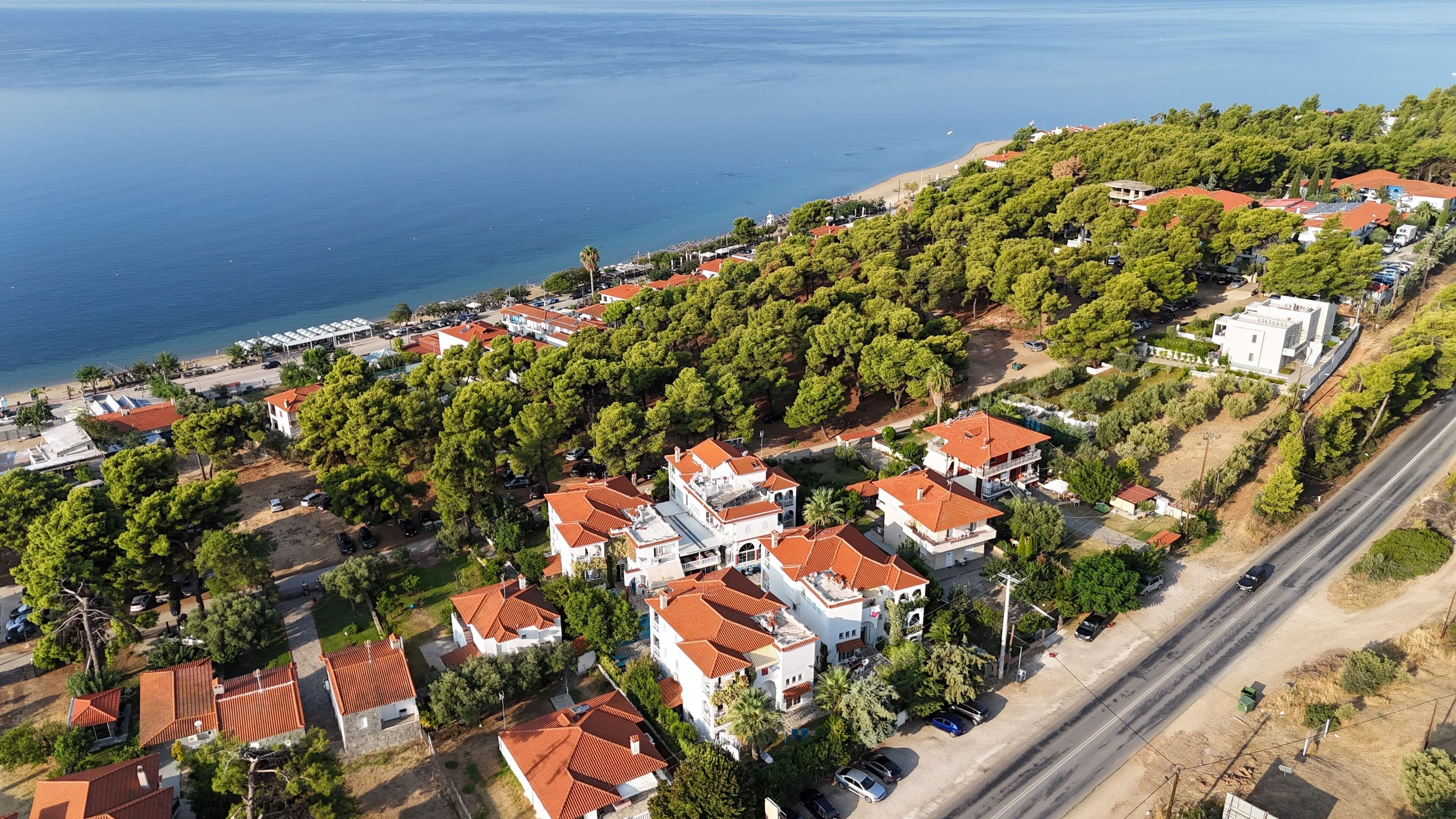 Vista aérea de una zona residencial costera con casas de techo rojo, rodeada de frondosos árboles verdes.