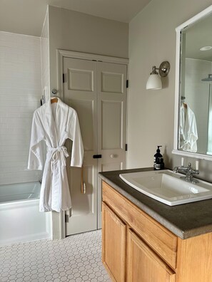 Hair dryer, bidet, towels, soap