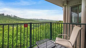 A balcony with a view of a green landscape, a chair, and a 'No grilling/smoking' sign. - Smoky Mountain Condo w/ Heated Pool & Sauna Access (Gatlinburg)