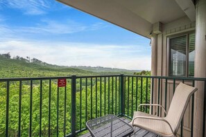 A balcony with a view of a green landscape, a chair, and a 'No grilling/smoking' sign. - Smoky Mountain Condo w/ Heated Pool & Sauna Access (Gatlinburg)