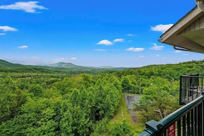 A balcony with a view of a lush green valley and distant mountains under a clear blue sky.
