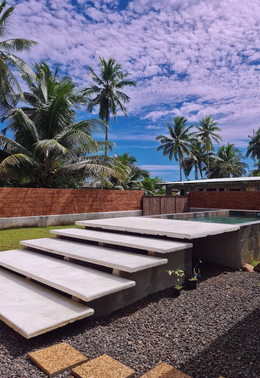 Un espace piscine avec des marches en béton menant à la piscine, entouré de palmiers et surplombé d’un ciel dégagé.