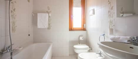 Shower, hair dryer, bidet, towels