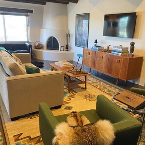 TV connectée, cheminée, livres