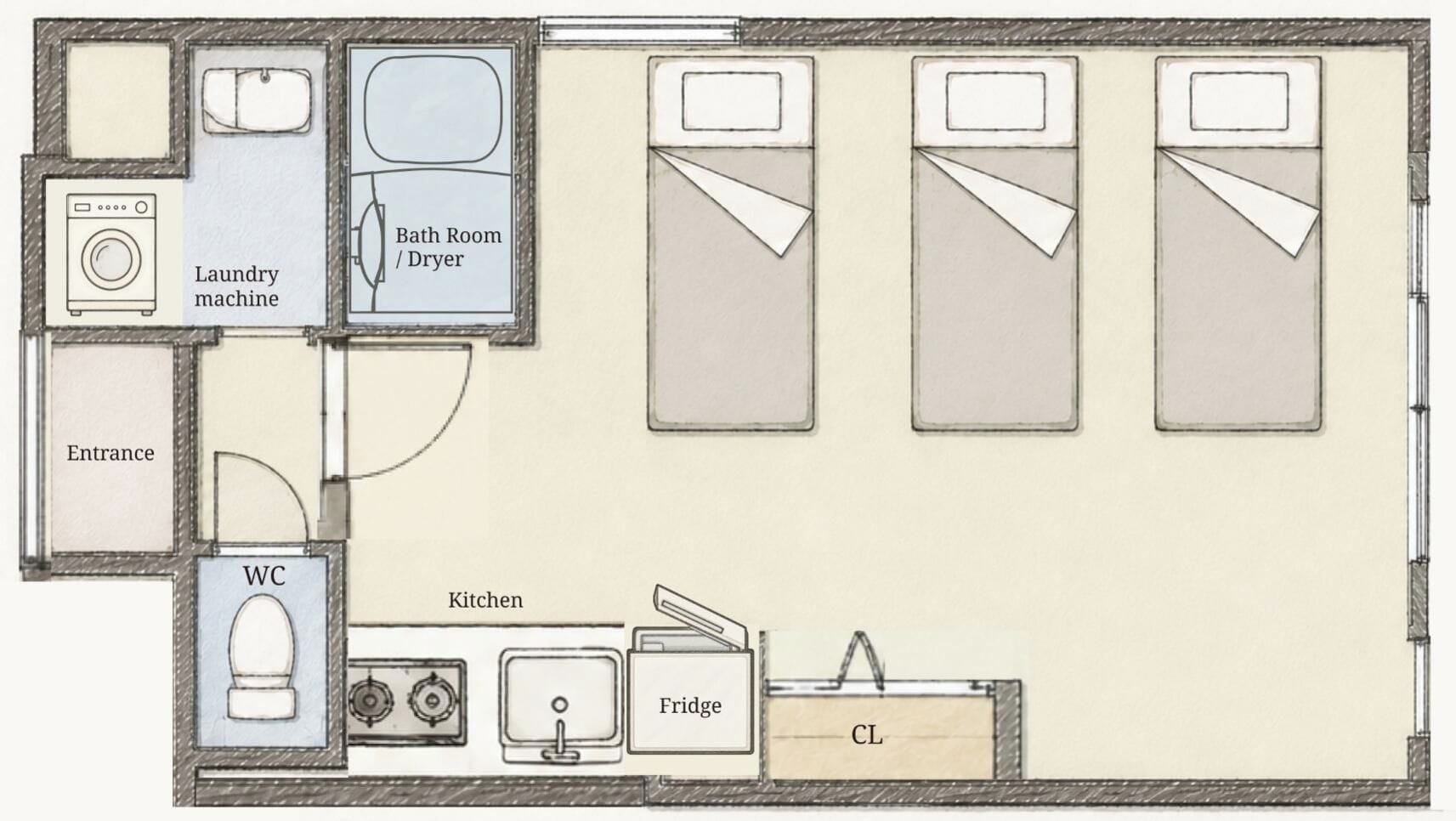 Un plan d’étage comprenant une machine à laver, une salle de bain, une cuisine, un réfrigérateur et un placard.