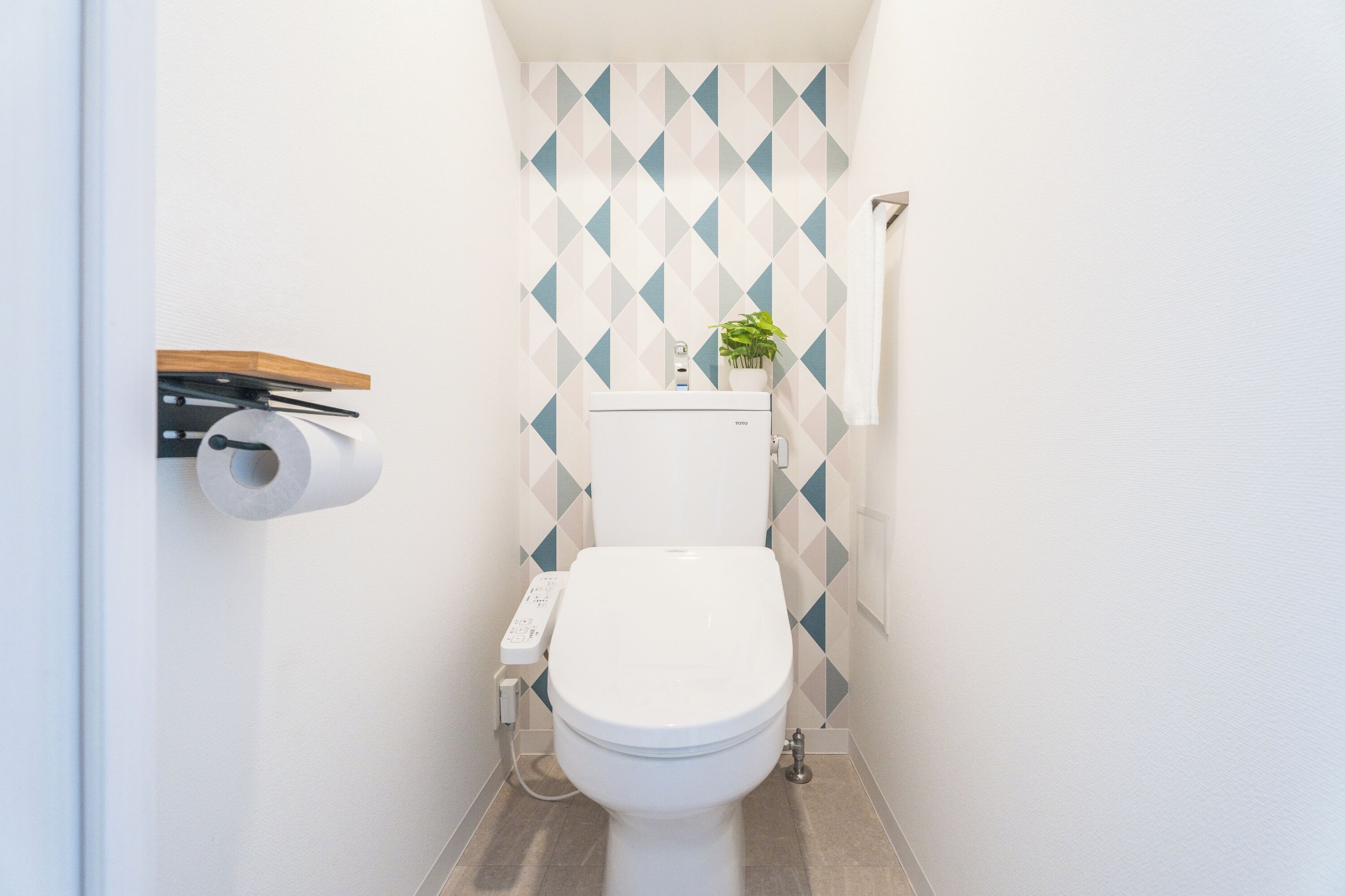 A modern bathroom with a toilet, a toilet paper holder, and a small potted plant on the wall.