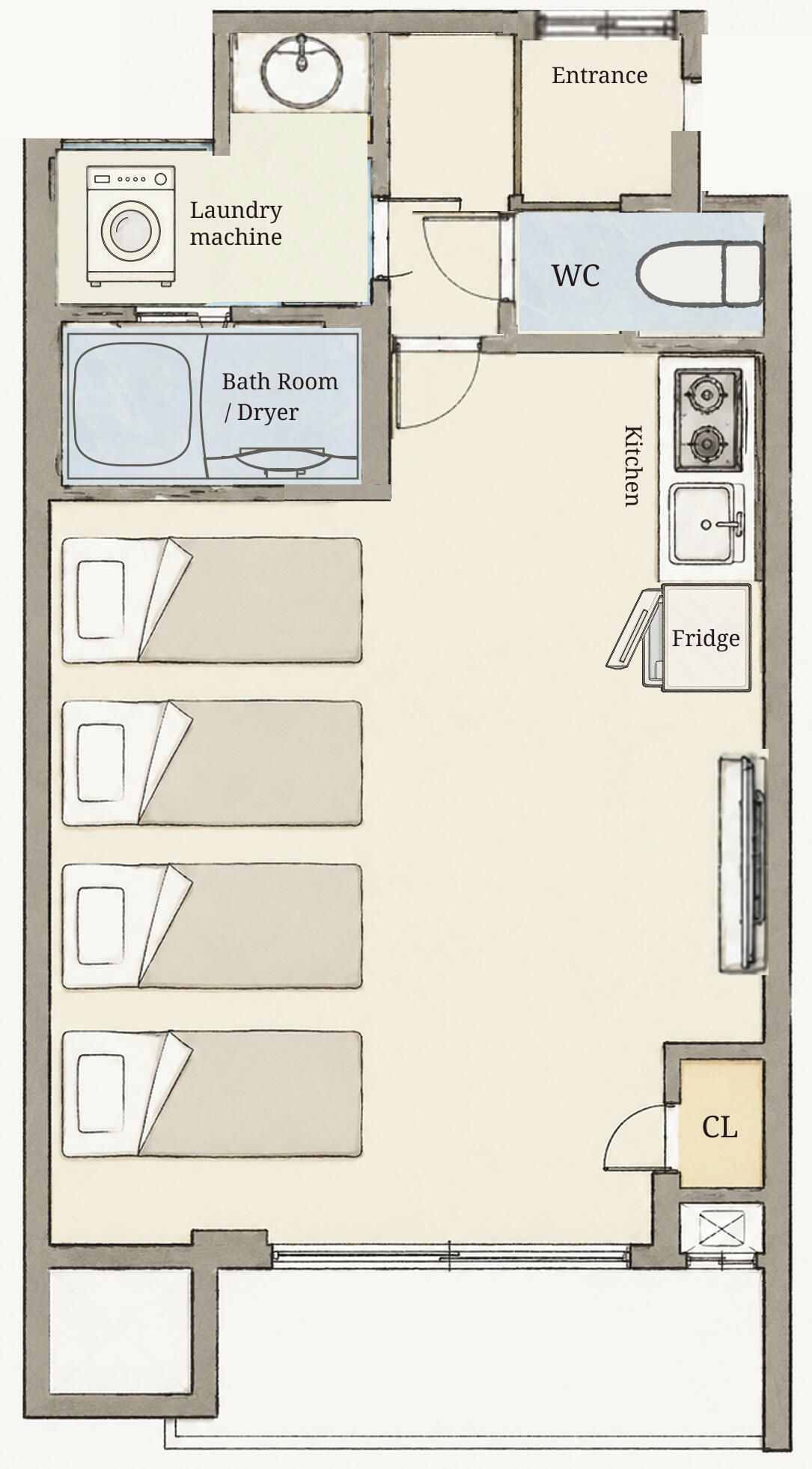 A floor plan of a hotel room with a laundry machine, bathroom, WC, kitchen, and a living area with a sofa.