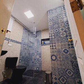 Hair dryer, towels, soap, shampoo