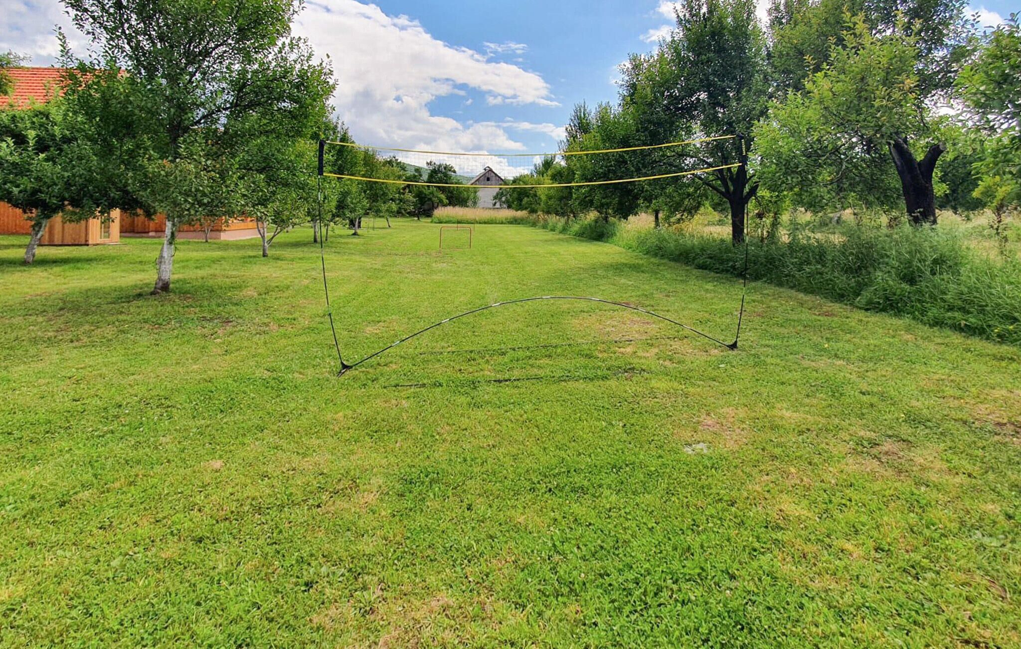 Un espacio al aire libre con una red de voleibol, árboles y un campo cubierto de césped.