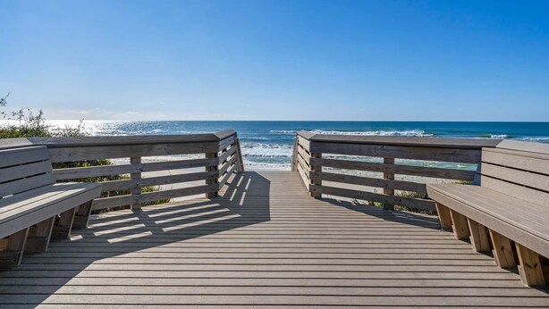 A wooden boardwalk leading to a beach with a clear view of the ocean. - Prime 30A Location/EZ Beach Access/Quiet Pool/Fast Wifi  (Santa Rosa Beach)