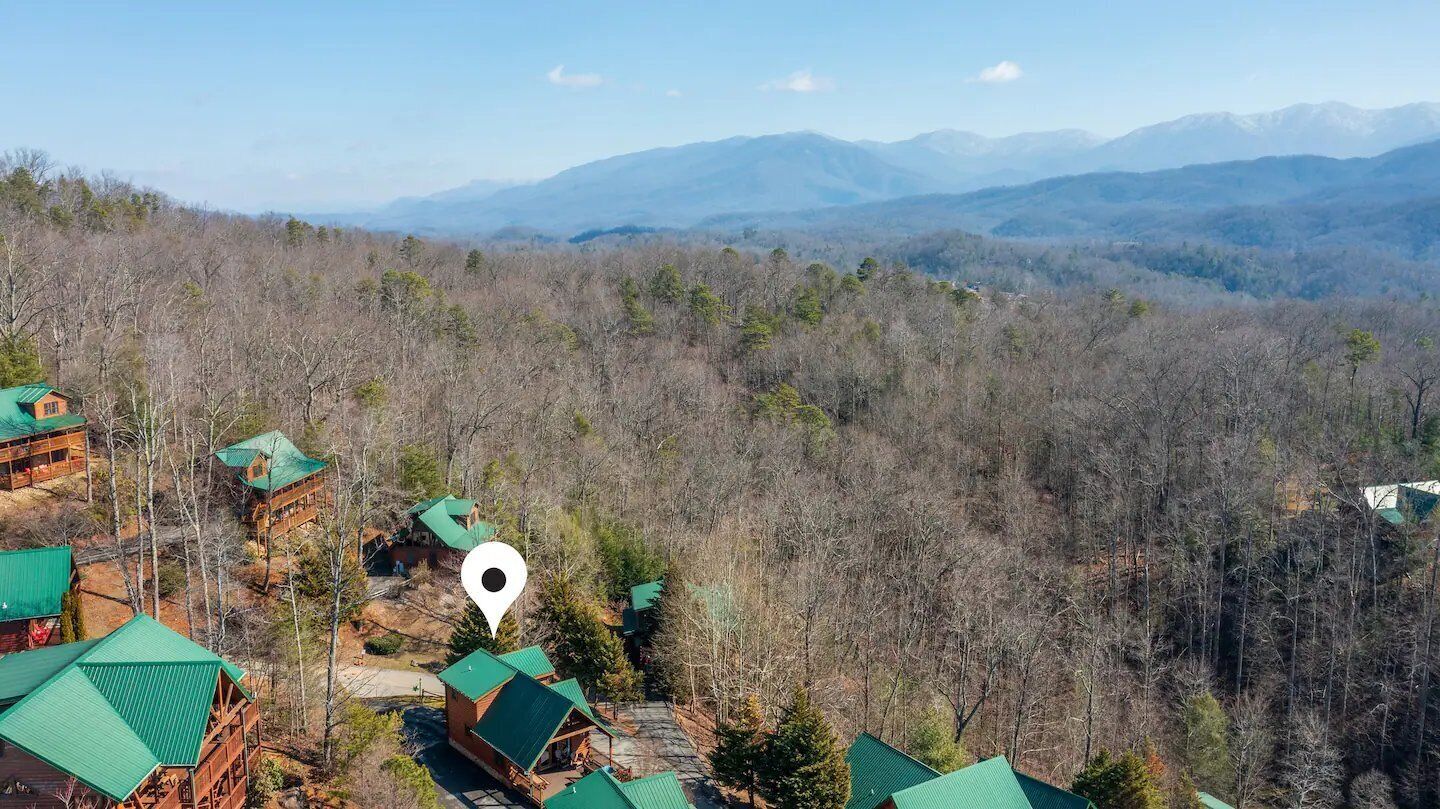A lodge with multiple cabins, each featuring a green roof, set in a forested mountainous area with a panoramic view of distant mountains.