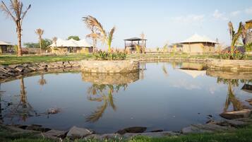A serene outdoor setting with a pond, stone walls, and several tents.