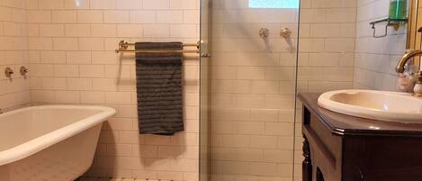 Shower, towels, toilet paper
