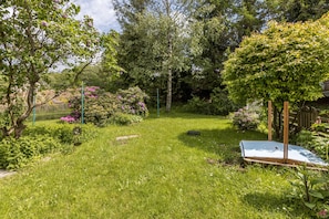 A grassy backyard with trees, a wooden swing set, and a trampoline.
