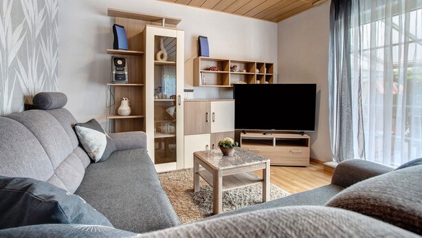 A modern living room with a grey sofa, wooden entertainment unit, and a flat-screen TV. - Apartment 'K Schröder' with Private Terrace, Private Garden and Wi-Fi (Sundhagen)